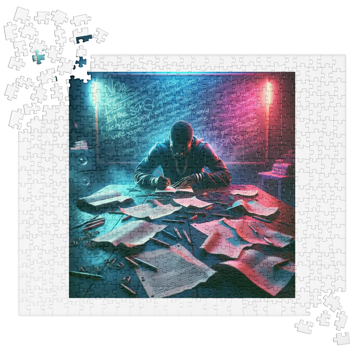 "Neon Muse Puzzle: Vibrant Rapper Composing Lyrics at Table with Chalkboard of Rhymes - Creativity and Passion Captured in Neon"