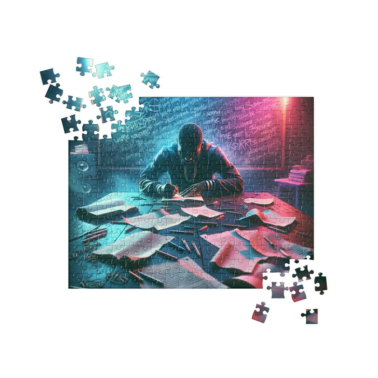 "Neon Muse Puzzle: Vibrant Rapper Composing Lyrics at Table with Chalkboard of Rhymes - Creativity and Passion Captured in Neon"